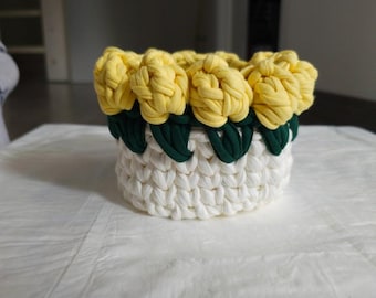 Crocheted Rose Basket | Yellow Floral T-Shirt Yarn Storage | Spring Home Decor