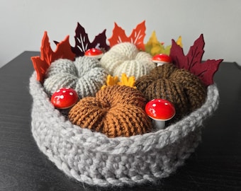 Handmade Crochet Autumn Basket with Knitted Pumpkins, Mushrooms, Leaves | Fall Home Decor Thanksgiving Centerpiece