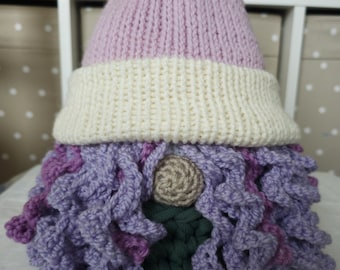 Handmade House Gnome with Purple Hair in Green Basket | Home Decor
