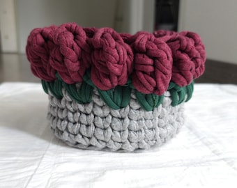 Grey Crochet Rose Basket with Burgundy Roses | Handmade Decor Basket