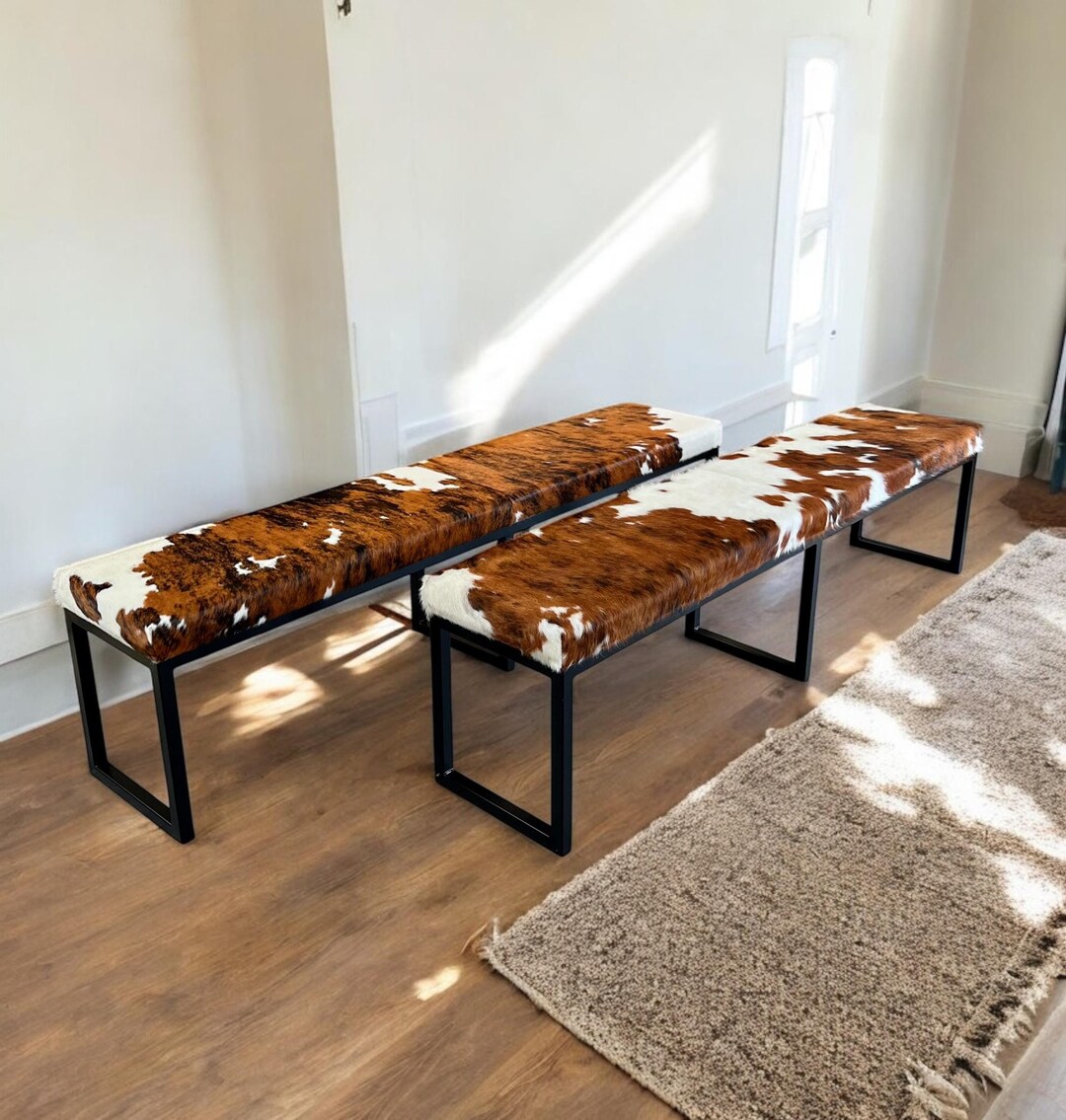 Cowhide Bench Rustic Cowhide and Steel Dining Bench, Modern Entryway Bench, Industrial ...