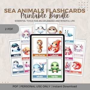Sea Animals Flashcards, Ocean Animals, Printable file, Preschool Cards, Kids Activity Book, Educational book