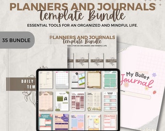 May include: A digital illustration of a tablet screen displaying 35 different planner and journal templates. The templates are colorful and feature various designs, including floral patterns, geometric shapes, and handwritten text. The text on the screen reads "Planners and Journals Template Bundle" and "Essential Tools for an Organized and Mindful Life."