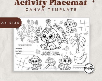 Placemat verjaardagskleur aap: bewerkbare kinderfeestactiviteit (pdf)
