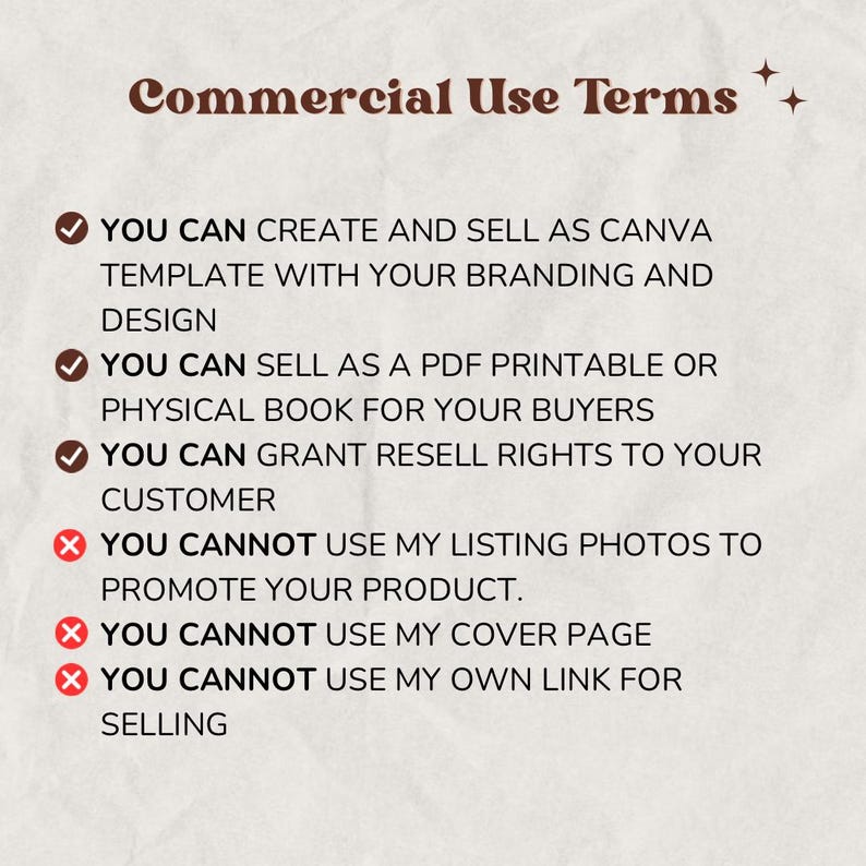 May include: A graphic with a list of commercial use terms for digital products. The terms state that you can create and sell as a Canva template, sell as a PDF printable or physical book, and grant resell rights to your customer. The terms also state that you cannot use the listing photos to promote your product, use the cover page, or use the seller's own link for selling.