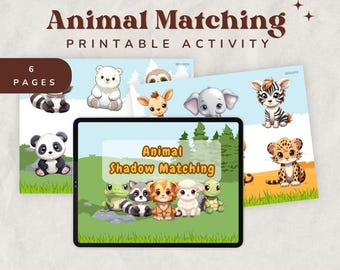 Puede incluir: Actividad de emparejamiento de sombras de animales imprimible para niños. La actividad incluye 6 páginas con diferentes animales y sus sombras. El título de la actividad es "Animal Shadow Matching".