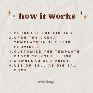 May include: A brown text graphic on a white background with the text "how it works" and a list of five steps for using a Canva template: 1. Purchase the listing, 2. Open the Canva template in the link provided, 3. Customize the template based to your liking, 4. Download and print, 5. Use or sell as digital book. The text also includes the social media handle "@AllinOlshoppe".