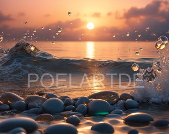 Zonsondergang over de zee strand foto in oranje kust magische waterwerelden zee kunst muurschildering poster strand landschap kust decor golf