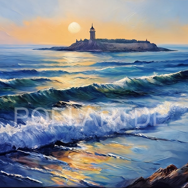 Sunset over island in the sea atmospheric painting for nature lovers sea art landscape picture poster seascape coast