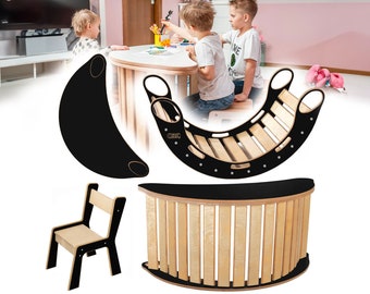  Montessori Kinder Wippset mit Tischplatte & Stuhl - multifunktional, Baby Holzhaus, Spielplatz, Schaukelspielzeug, personalisierbar