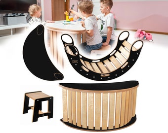  Montessori Kinder Wippset mit Tischplatte & Hocker - multifunktional, Baby Holzhaus, Spielplatz, Schaukelspielzeug, personalisierbar