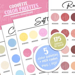 May include: Five colour palettes with 175 colours in total. Each palette features a set of soft, pastel colours in shades of pink, yellow, blue, and beige. The text "COQUETTE COLOR PALETTES" is at the top of the image. The text "Soft" and "Romantic" are at the top of the palettes.