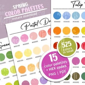May include: A digital download of 15 spring color palettes with 525 colors in total. Each palette features a variety of shades in a single color family, such as pastel pink, yellow, green, and blue. The palettes are labeled with their color family and the text "Spring Color Palettes" and "Instant Download" is visible.