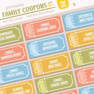 Livro de cupons para impressão para a família | Atividades de união familiar | Ideias de diversão para a família | Jogos para a família | Cartões de cupons para impressão | Presente para a família