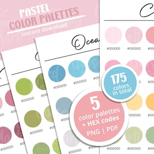 以下が含まれることがあります： 合計175色の5つのパステルカラーパレット。各パレットには、対応する16進数コード付きの5色が含まれています。パレットは、「Ocean」、「Cotton Candy」、「Sage」、「Dusty Rose」、「Sunrise」とラベル付けされています。
