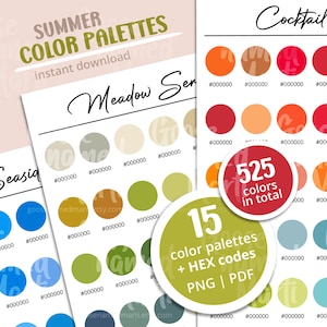 May include: A digital download of 15 summer color palettes with 525 colors in total. The palettes are named "Meadow Serenity", "Seasight", and "Cocktail Splash". Each palette features a variety of colors in circles with their corresponding hex codes.