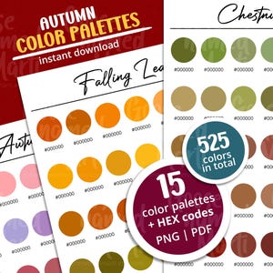 Może przedstawiać: Kolekcja jesiennych palet kolorów z tekstem "AUTUMN COLOR PALETTES instant download". Palety zawierają odcienie pomarańczowego, brązowego i zielonego z kodami HEX. Obraz zawiera również "15 color palettes + HEX codes PNG | PDF".