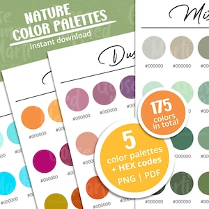 Może przedstawiać: Pięć palet kolorów z 175 kolorami w sumie. Każda paleta zawiera pięć próbek kolorów z kodami heksadecymalnymi. Palety są oznaczone jako "Dusty Rose", "Autumn", "Teal", "Misty" i "Sage".