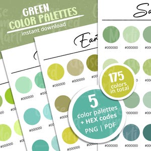 Może przedstawiać: Pięć zielonych palet kolorów z 175 kolorami w sumie. Każda paleta zawiera zestaw zielonych kółek z kodami heksadecymalnymi. Tekst "Green Color Palettes" i "natychmiastowe pobieranie" znajduje się w górnej części obrazu. Tekst "Sage" znajduje się w prawym górnym rogu obrazu.