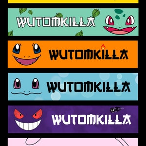 May include: A vertical graphic featuring six colorful rectangular banners with cartoon character faces and the text "WUTOMKILLA" in white. The characters include Pikachu, Bulbasaur, Charmander, Squirtle, Gengar, and Jigglypuff.