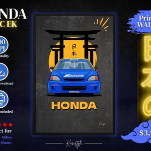 Peut inclure: Illustration d'une voiture Honda Civic EK bleue avec le texte "HONDA" en jaune. L'œuvre comprend des caractères japonais et un motif de soleil levant, intitulé "Printable WALL ART". L'image comprend également le texte "300 DPI", "Haute qualité", "Téléchargement instantané" et "3 tailles incluses".