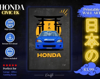 Civic EK-affisch – JDM-bilväggkonst – Honda Racing-tryck – Garagedekor – Digital nedladdning
