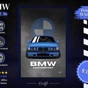 Peut inclure: Illustration d'une voiture BMW M3 E36 bleue sur fond gris foncé. L'image comprend le logo BMW, le texte "BMW Motorsport" et "Printable Wall Art". Du texte supplémentaire indique haute qualité, téléchargement instantané et 3 tailles incluses.