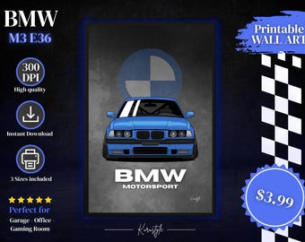 M3 E36 Poster – Väggkonst för tysk bil – Motorsporttryck – Förarens bildekor – Digital nedladdning
