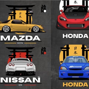 Puede incluir: Ilustración de cuatro coches deportivos japoneses: un Mazda RX7 FD amarillo, un Honda rojo, un Nissan GTR blanco y un Honda azul. Cada coche está representado con una puerta japonesa estilizada y el nombre de la marca.