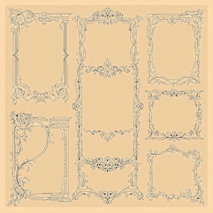 May include: Set of eight ornate black and white decorative frames with intricate floral designs. The frames are perfect for adding a touch of elegance to any project.