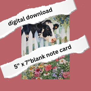 Holstein Cow in the Garden Lege notitiekaart groet onmiddellijke digitale download bloemen aquarel hek perfect cadeau voor moeder oma moeder