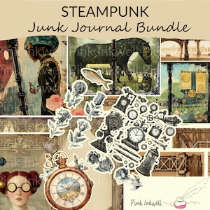 May include: A digital collage kit with a steampunk theme. The kit includes images of gears, clocks, roses, a horse, a fish, a woman, and a bridge. The kit is perfect for creating junk journals, scrapbooks, and other paper crafts.