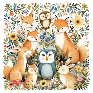 Bosdieren illustraties, vossen uilen konijnen, schattige bos dieren in het wild kunst, natuur thema muur kunst, digitale download junk journalling pagina moeder