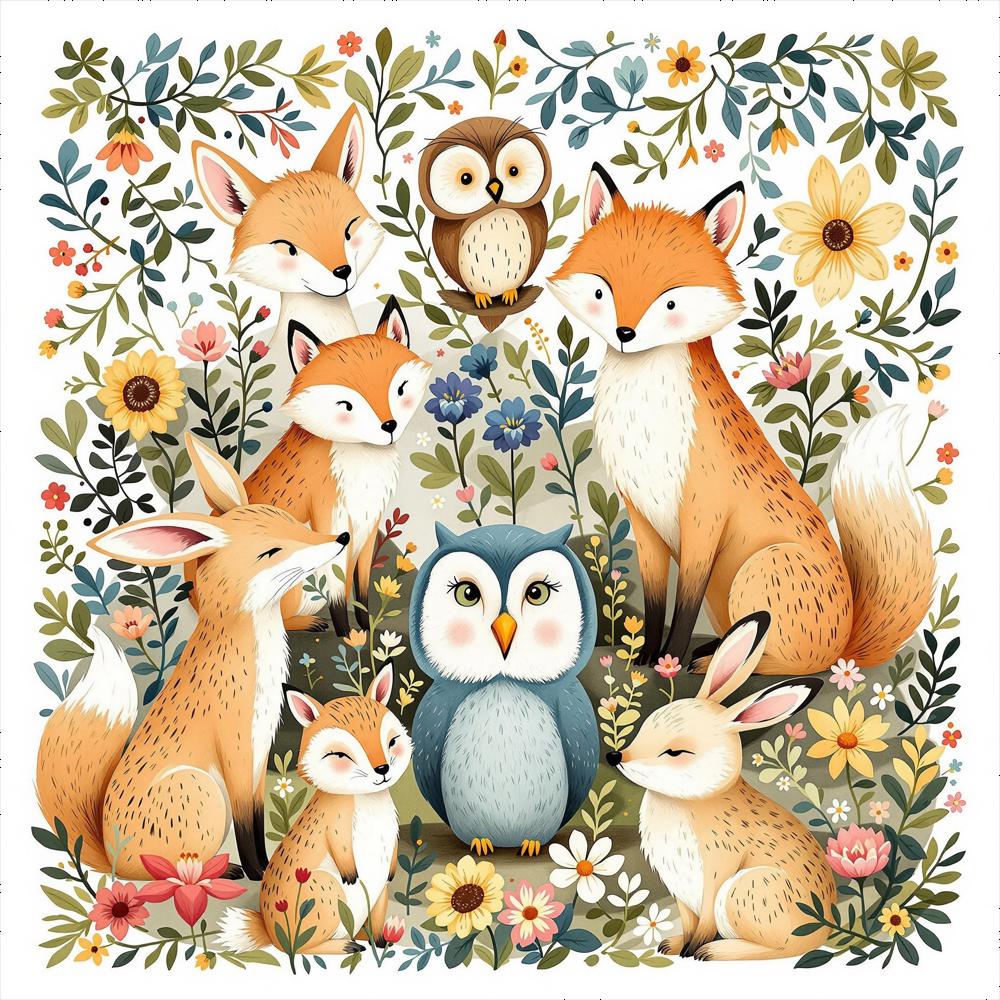 Woodland Animals Clip Art, Foxes Owls Rabbits, Cute Forest Wildlife Art, Nature Themed Wall Art, Dig