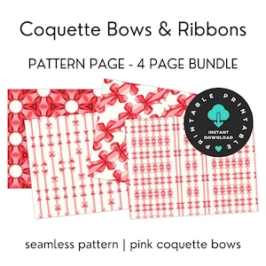 Può includere: Quattro motivi di carta digitale stampabili con fiocchi e nastri rosa coquette su uno sfondo bianco. Il testo "Printable" e "Instant Download" è visibile in un'icona a forma di nuvola.