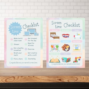 May include: Two colorful checklists for screen time. The left checklist has activities like making the bed, showering, eating a healthy breakfast, brushing teeth, picking a chore, getting dressed, reading for 30 minutes, exercising, getting creative with a craft, and journaling. The right checklist has activities like waking up, brushing teeth, showering, getting dressed, eating breakfast, playing outside, reading for 30 minutes, crafting, and playing with toys and puzzles. Both checklists have the text "Congratulations you earned screen time!"