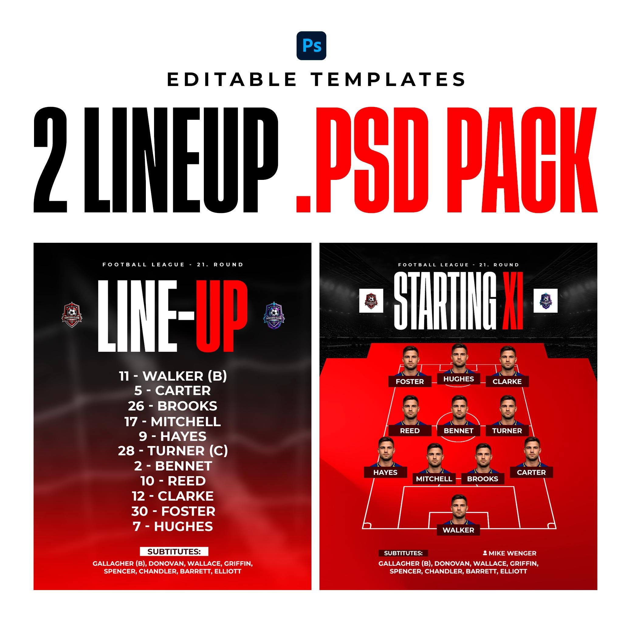 Editable Team Lineups Football Lineup Templates, Starting XI PSD, Editable Photoshop Soccer ...