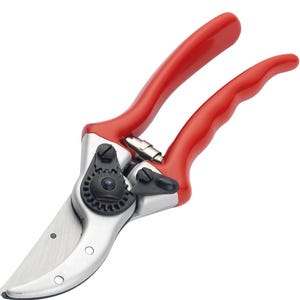 May include: Red handled pruning shears with a silver blade and a black adjustable knob.