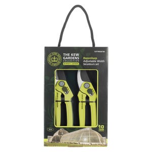 May include: A pair of green and black gardening shears with adjustable width blades. The shears are packaged in a box with the Kew Gardens Collection logo and a 10-year guarantee.