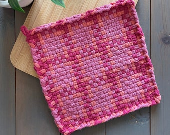 Handmade Large Loom Woven Potholder - Oven Mitt, Hot Pad, Kitchen Decor, Housewarming, Mother’s Day Gift - Shades of Pink Plaid Cotton