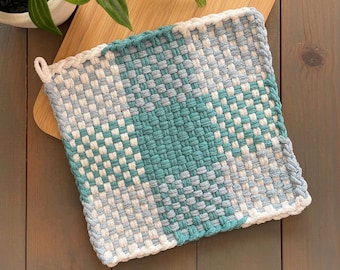 Handmade Large Loom Woven Potholder - Trivet, Oven Mitt, Hot Pad, Kitchen Decor, Housewarming Gift - Checkered Teal Light Blue and White