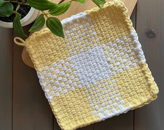 Handmade Large Loom Woven Potholder - Oven Mitt, Hot Pad, Kitchen Mother’s Day Gift - Vintage Style Checkered Pastel Light Yellow & White