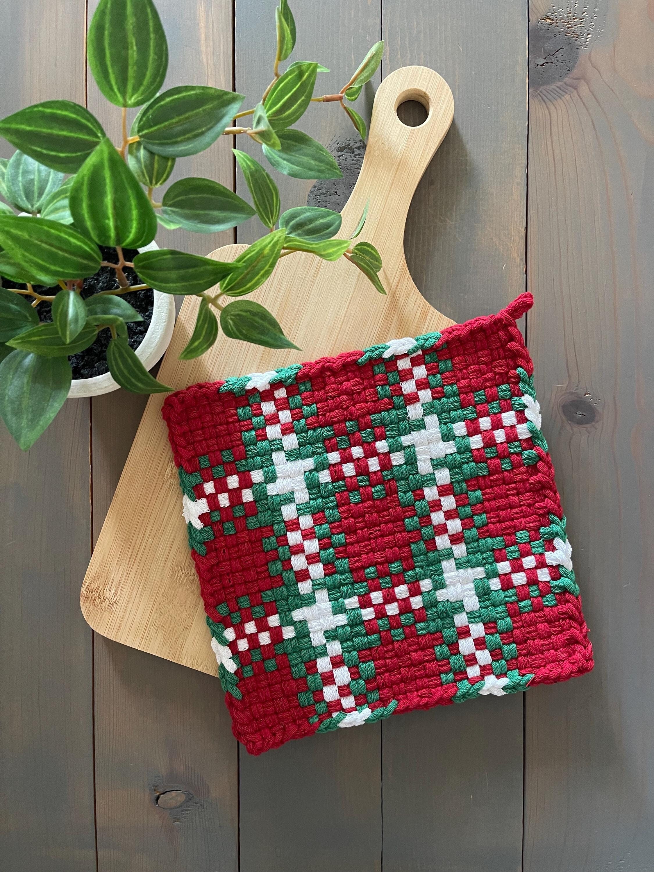 Handmade Large Loom Woven Potholder - Oven Mitt, Hot Pad, Kitchen Decor, Holiday Decor - Red, Green, & White Christmas Holiday Potholder