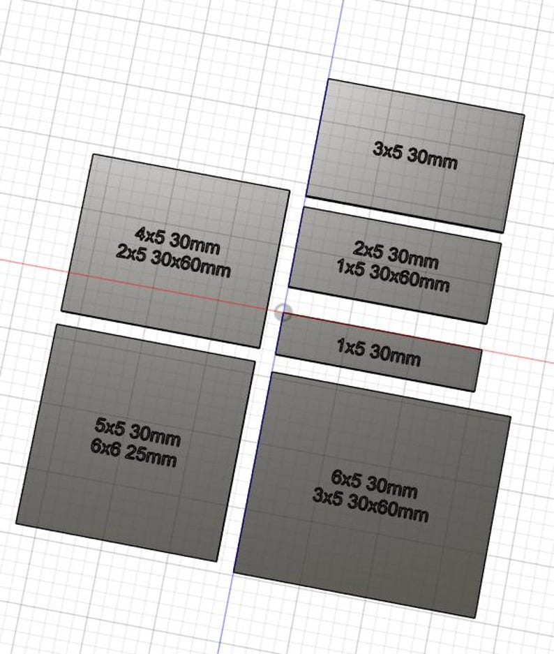 Puede incluir: Un conjunto de formas rectangulares grises de varios tama&ntilde;os, cada una etiquetada con dimensiones en mil&iacute;metros. Las formas incluyen tama&ntilde;os como 3x5 30mm, 4x5 30mm, 2x5 30x60mm, 5x5 30mm y 6x6 25mm. La imagen est&aacute; sobre un fondo de cuadr&iacute;cula.