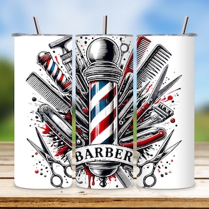 May include: A white tumbler with a barber pole design and the word "BARBER" in a banner. The design includes a barber pole, scissors, razors, and combs.