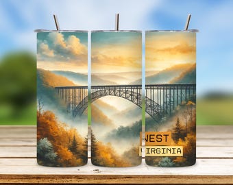 West Virginia Tumbler Wrap, New River Gorge Bridge PNG, WV Travel Sublimation, Nature Digital Download, 20oz Skinny Tumbler Design