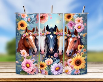Horses Tumbler Sublimation PNG, Floral 20oz Skinny Tumbler Design, Seamless Straight Wrap, Animal Waterslide Digital Download