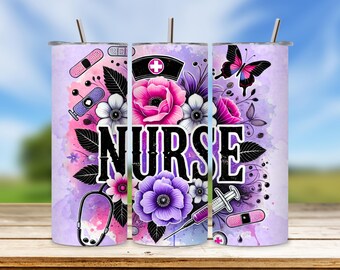 Purple Floral Nurse Tumbler Wrap: 20oz Skinny Sublimation Design (Digital Download)