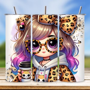 Leopard Bow Girl Clipart: Coffee Animal Print Tumbler (PNG Digital)