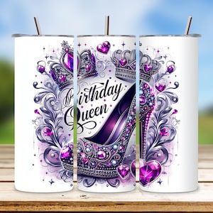 Birthday Queen Tumbler Wrap: High Heels, Crown - 20oz Skinny Tumbler (Sublimation PNG)